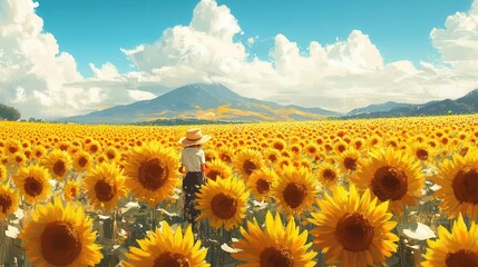 Obraz premium A farmer inspecting a field of yellow sunflowers, Flower Farming, Vibrant and sunny