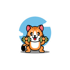 A cute cartoon cat lifting dumbbells with a blue sky and clouds background
