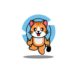 A cute orange cat skipping rope with a blue sky and clouds background
