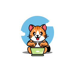 A cute cartoon cat with orange fur is happily typing on a green laptop against a blue sky background
