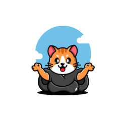 A cute cartoon cat in a black robe with arms raised, set against a blue sky with white clouds.