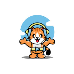 Cute orange cat wearing headphones and a play button belt, arms open, with a blue sky background.

