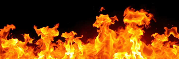 Intense flames burning brightly against a dark black background, fire, inferno, abstract