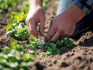 A farmer using a soil testing kit to assess crop health, Soil Health, Technical and handson