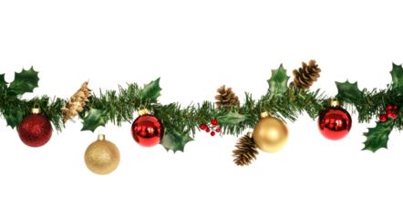 Photorealistic seamless Christmas garland with golden, red and green decorations on transparent background