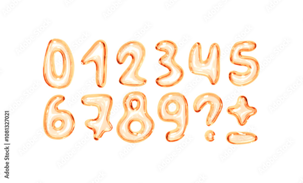 Poster set of shiny pink bubble style numbers and symbols on white background. playful glossy digits rangin