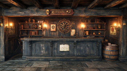 pirate, hideout, bar, entrance, cool, suspicious, atmosphere, friends, gathering, meal, Restaurant, Illustration, Art, Cartoon, Watercolor, Night, Street, City, Lights, Architecture, Old, Building, 