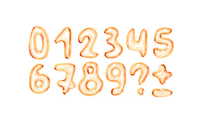 Set of shiny pink bubble style numbers and symbols on white background. Playful glossy digits ranging from 0 to 9, additional punctuation marks. Realistic 3d design. Vector illustration