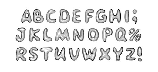 Letters made of glass material. Set of fonts with realistic 3d glass liquid effect, consisting of uppercase letters, special symbols. Complete alphabet Ideal for modern design. Vector illustration