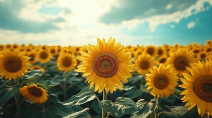 Obraz premium A large field of sunflowers, bright and blooming, Flower Farming, Sunny and cheerful