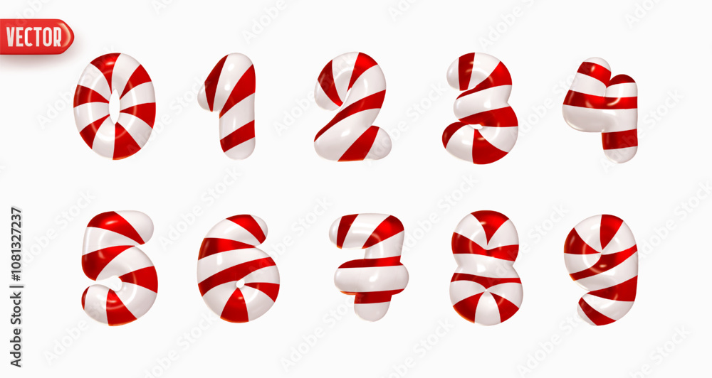 Poster set of numbers from 0 to 9 in style of christmas candy cane in realistic 3d design isolated on white