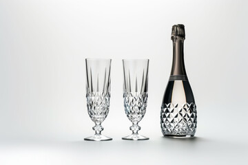 A sleek silver champagne bottle with two matching crystal flutes, ideal for upscale events or elegant gatherings.