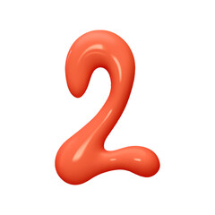 Number 2. Two Number sign red color. Realistic 3d design in cartoon liquid paint style. Isolated on white background. vector illustration