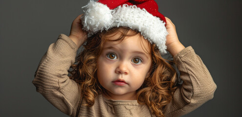 A little child with curly hair dons a red Santa hat, exuding a sense of warmth and contemplation in a cozy setting.