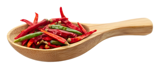 Wooden spoon with mixed peppers on a transparent background. isolated background.