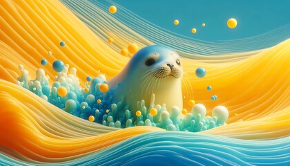 yellow background with seal swimming in an ocean colors