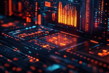Obraz premium Futuristic digital interface with glowing lines and data visualizations.