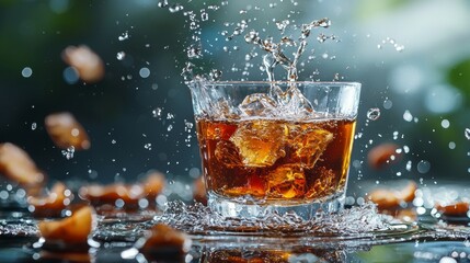 Splashing drink with ice cubes in a glass