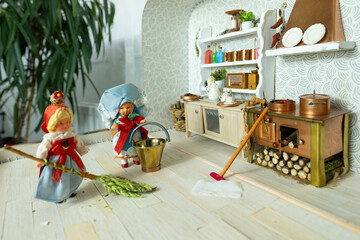 miniature world tiny dolls inhabiting meticulously crafted retro-style dollhouse kitchen scale kitchen roombox, childhood memories