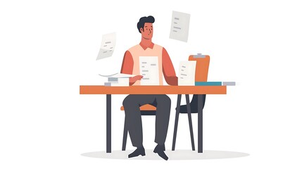 Fototapeta premium A person sitting at a desk, reviewing documents with papers flying around.