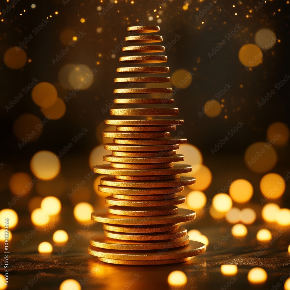 Poster abstract golden christmas tree design made from stacked disks, with bright festive lights and sparkl