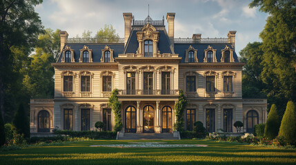 Obraz premium large, light-beige, ornate house with many windows and a grand entrance, surrounded by lush green lawns and trees
