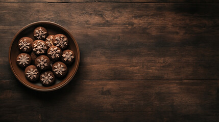 Naklejka premium Homemade Christmas cookies with icing snowflakes in clay bowl on wooden background. Top view. Copy space.