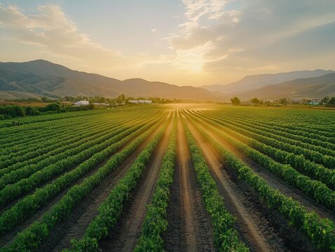 A sprinkler system watering rows of crops, Irrigation, Refreshing and systematic