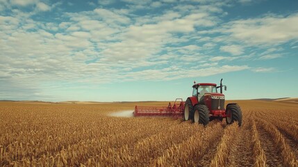 Obraz premium A tractor applying fertilizers across a large cornfield, Mechanized Farming, Effective and organized