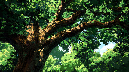 Fototapeta premium A low angle view of an old oak tree with green leaves.