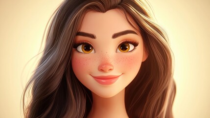Fototapeta premium Closeup portrait of a beautiful young brunette woman with long hair smiling softly on a beige background showcasing her radiant skin after a beauty treatment