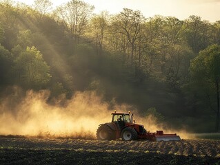 Fototapeta premium A tractor tilling a field before planting, Soil Preparation, Powerful and preparative