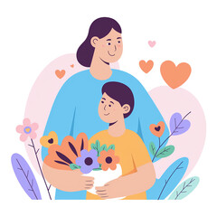 Obraz premium happy mother's day, a mother and it's children and family cartoon. flat cartoon illustration.