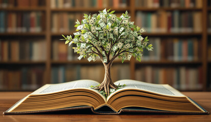 Money Tree Growing from Open Book in Library