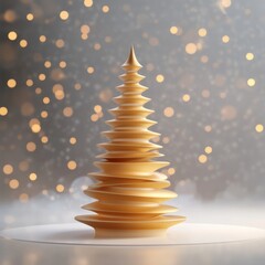 Elegant 3D Christmas tree made from layered golden circles, standing on a white surface with shimmering background lights