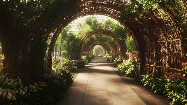 unique corridor made from woven willow branches that create an arched tunnel, surrounded by lush green plants and flowers