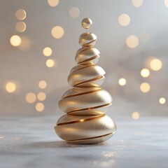 Obraz premium Geometric holiday tree design made from stacked golden spheres on a plain white surface with glittery lights in the background