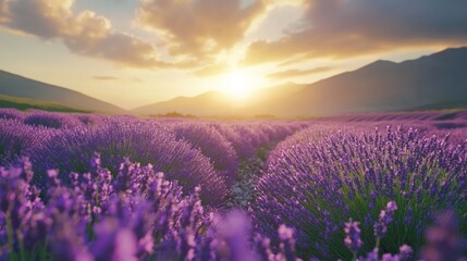 Fototapeta premium A breathtaking sunset over a field of lavender, with rolling hills in the background.