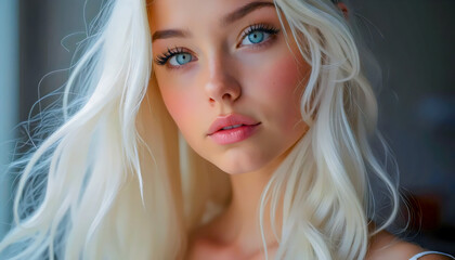 Fototapeta premium Stunning platinum blonde woman with captivating blue eyes.
