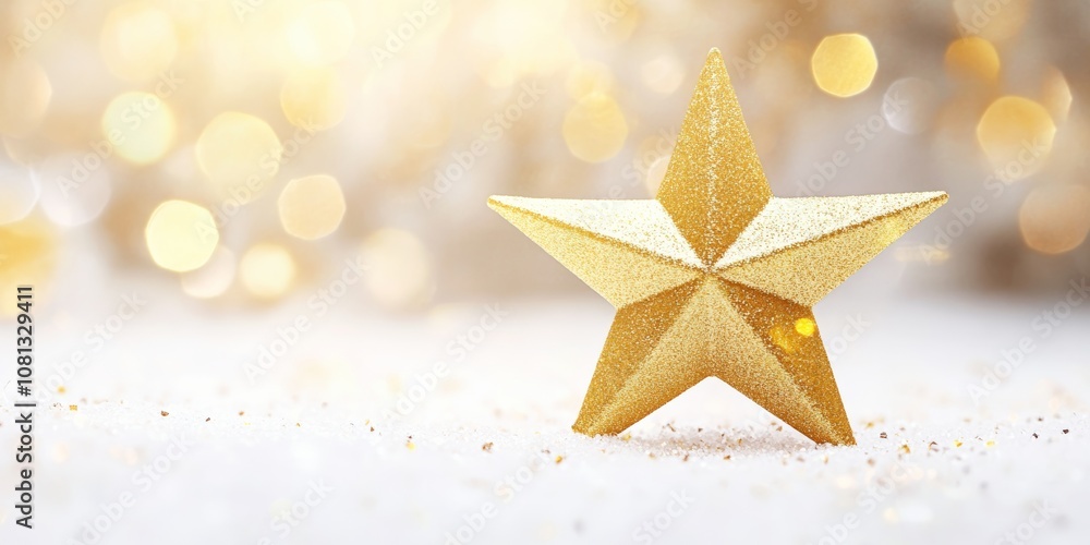 Poster golden star ornament with a subtle shine, centered on a clean white background with subtle bokeh spa