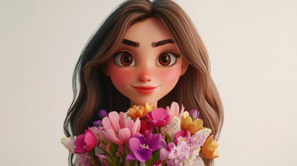 Fototapeta premium Beautiful woman holding a bouquet of flowers and a gift against a white backdrop celebrating International Women s Day