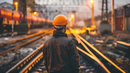 A worker in a hard hat stands on railway tracks during sunset, symbolizing industry and labor.