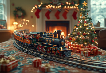 Christmas train at the Christmas tree on the background of the fireplace
A toy train decorated with festive details moves along a railway track laid on a table.