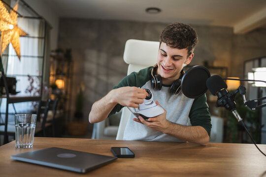 man technology blogger record video blog or v-log of home cctv camera