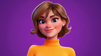Cheerful lady in stylish orange clothing with a bright smile showcasing beauty and confidence against a vibrant purple background