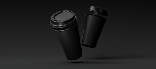 Two Minimalist black Blank Paper Coffee Cup with open lid floating above black background. Takeaway paper coffee cup fly, 3d render illustration
