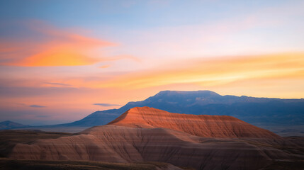 Fototapeta premium Breathtaking landscape featuring layered hills under colorful sunset sky, showcasing natural beauty and serene atmosphere.