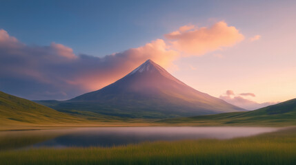 serene mountain landscape at sunset, featuring majestic peak reflected in calm lake surrounded by lush greenery. soft colors evoke tranquility and beauty.