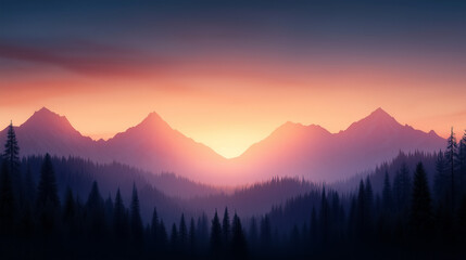 breathtaking sunset over majestic mountains, surrounded by dense forests, creating serene and tranquil atmosphere. colors blend beautifully in sky.