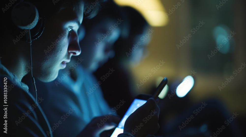 Poster blurry shapes enveloped in dim light illuminated only by the glow of their phones as they use it to 
